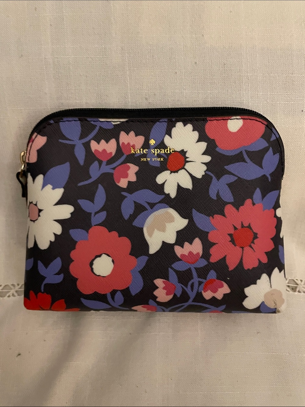 kate spade Navy Floral Cosmetic Pouch with Red, White & Purple Flowers NWOT